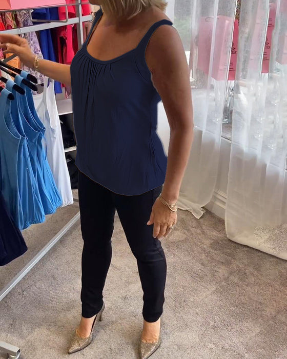 Plisowany solidny swobodny top bez rękawów