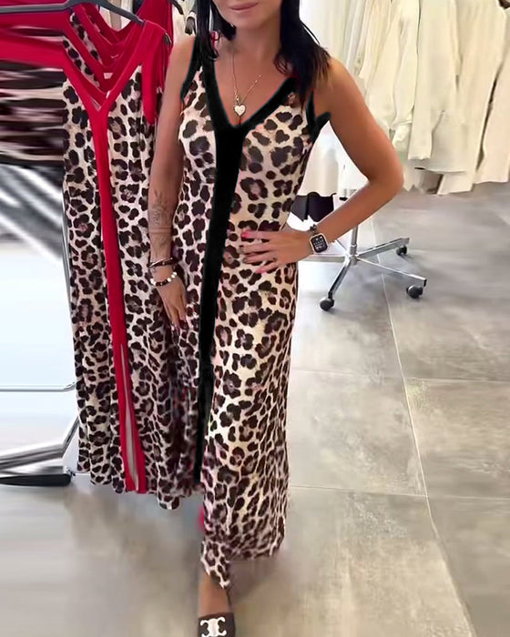 Sukienka Bez Rękawów Elegancka W Panterkę Kontrastowa