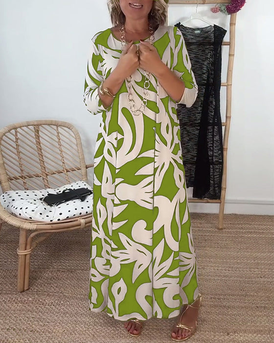 Sukienka Z Okrągłym Dekoltem I Długimi Rękawami Z Wzorem