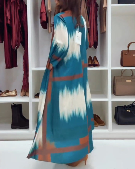 Modna Drukowana Sukienka Z Okrągłym Dekoltem I Długimi Rękawami