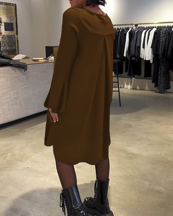 Sukienka Jednokolorowy Rozkloszowany Rękaw Marszczony