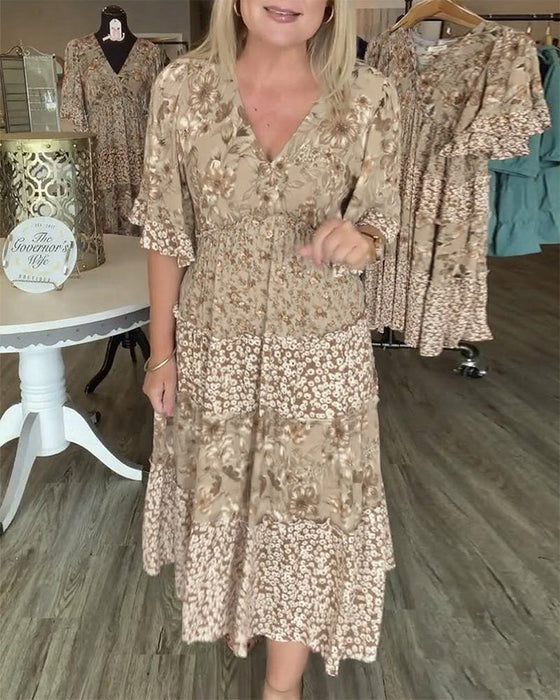 Sukienka Dekolt W Serek Rękaw Lotosowy Kwiatowy