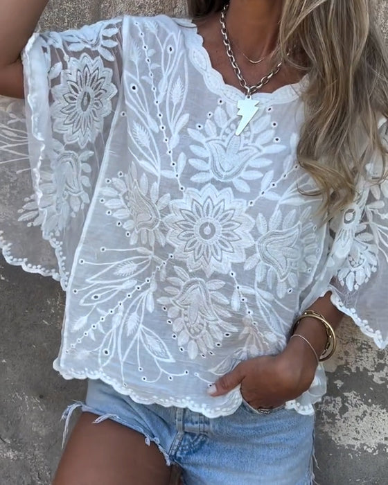 Bluzka Motylkowy Rękaw Okrągły Dekolt Haftowany