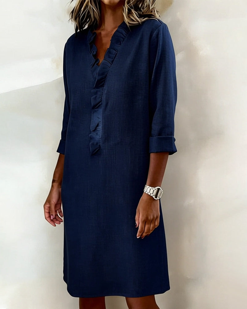 Sukienka Plisowany Dekolt W Serek Jednokolorowa