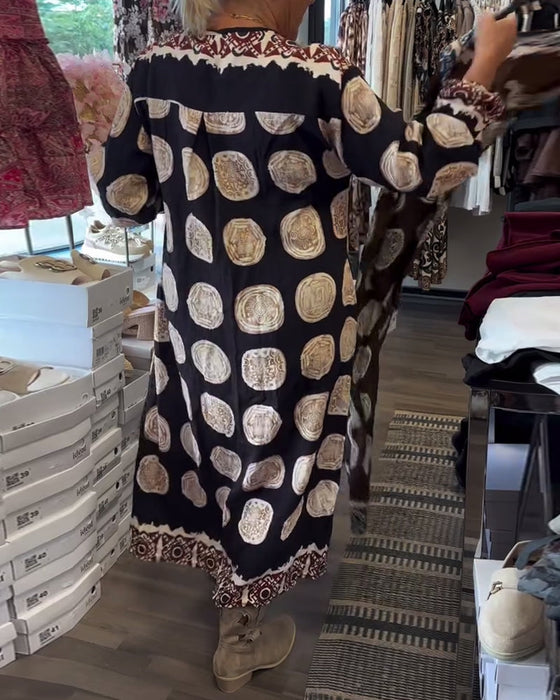 Sukienka Długi Rękaw Dekolt V Drukowany