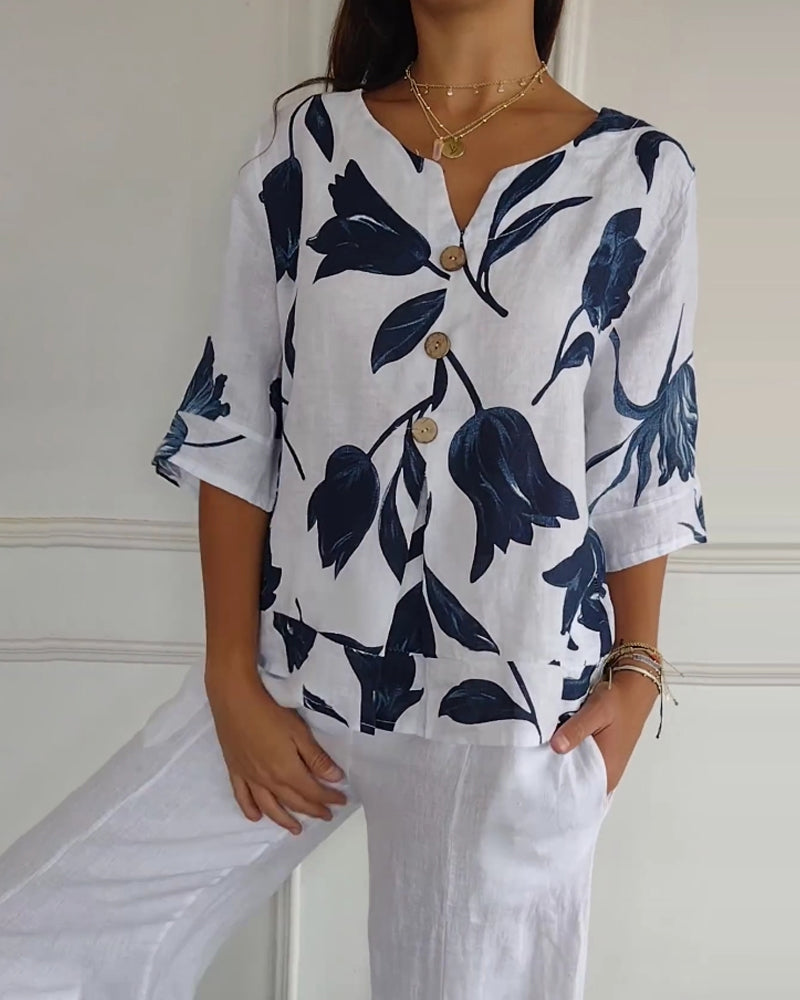 Bluza zapinana na guziki z bawełny i lnu w kwiatowy wzór