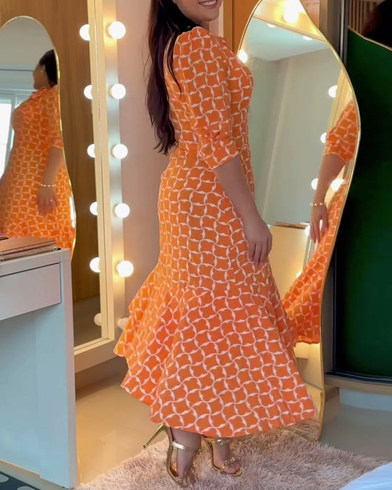 Sukienka Pół Rękaw Rund Hals Talia Drukowana