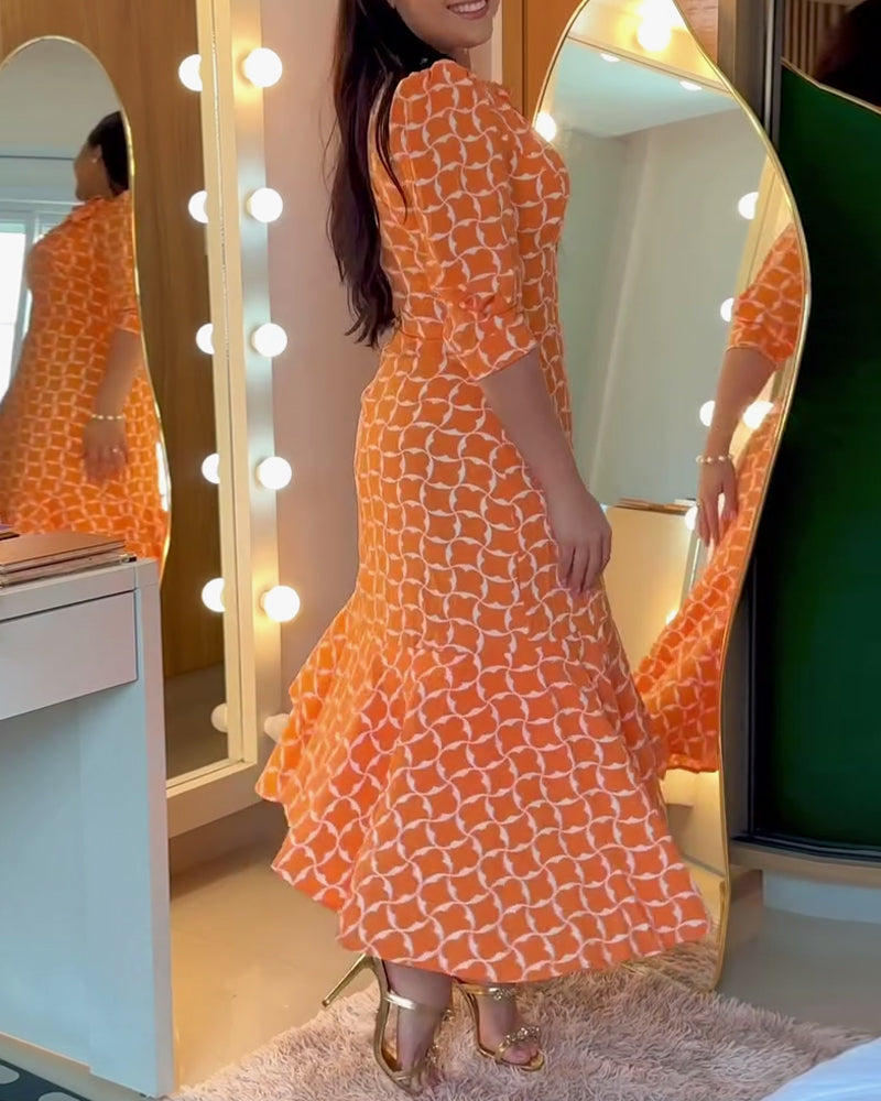 Sukienka Pół Rękaw Rund Hals Talia Drukowana