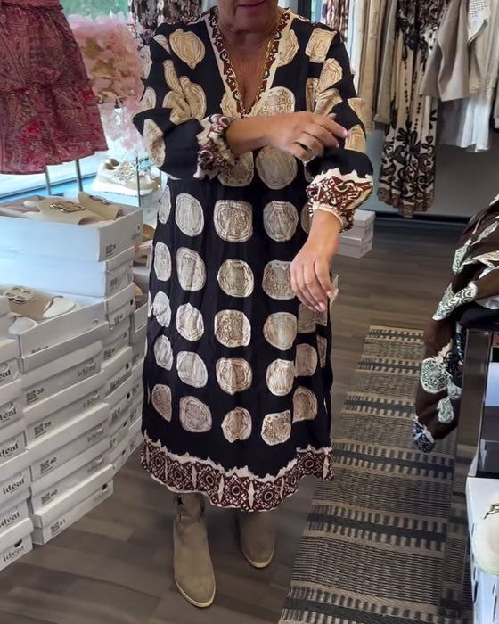 Sukienka Długi Rękaw Dekolt V Drukowany