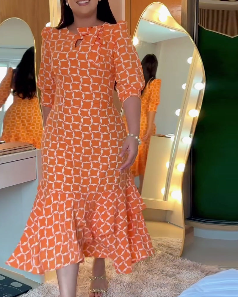 Sukienka Pół Rękaw Rund Hals Talia Drukowana