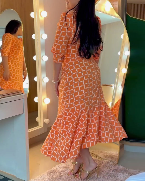 Sukienka Pół Rękaw Rund Hals Talia Drukowana