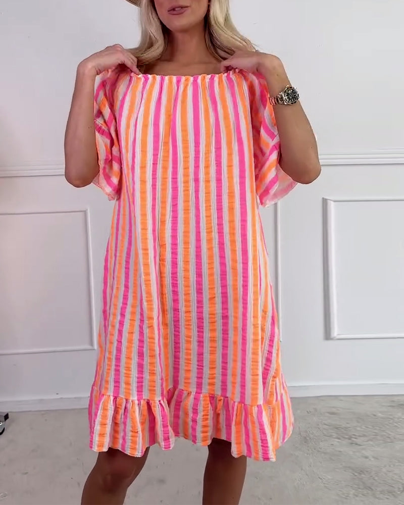 Sukienka Okrągły Dekolt W Paski Plisowana Prosty Krój