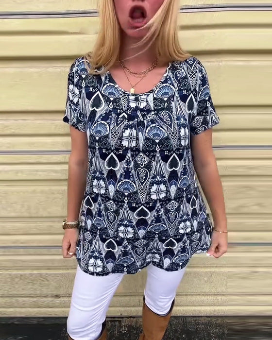 Koszulka casual retro okrągły dekolt nadruk