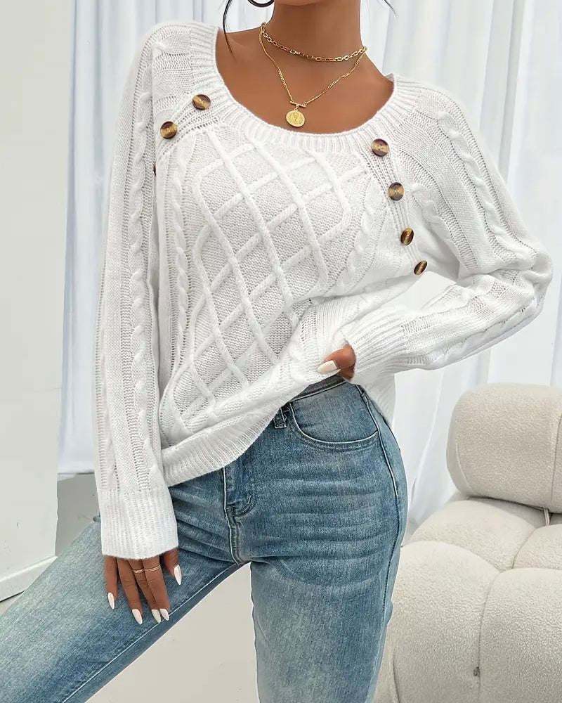 Sweter Jednokolorowy Rękaw Raglan Sprzączka Warkocz Ścieg