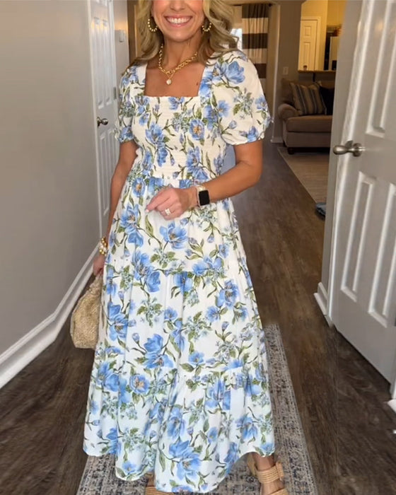 Sukienka Kwadratowy Dekolt Plisowany Kwiatowy A-Linii