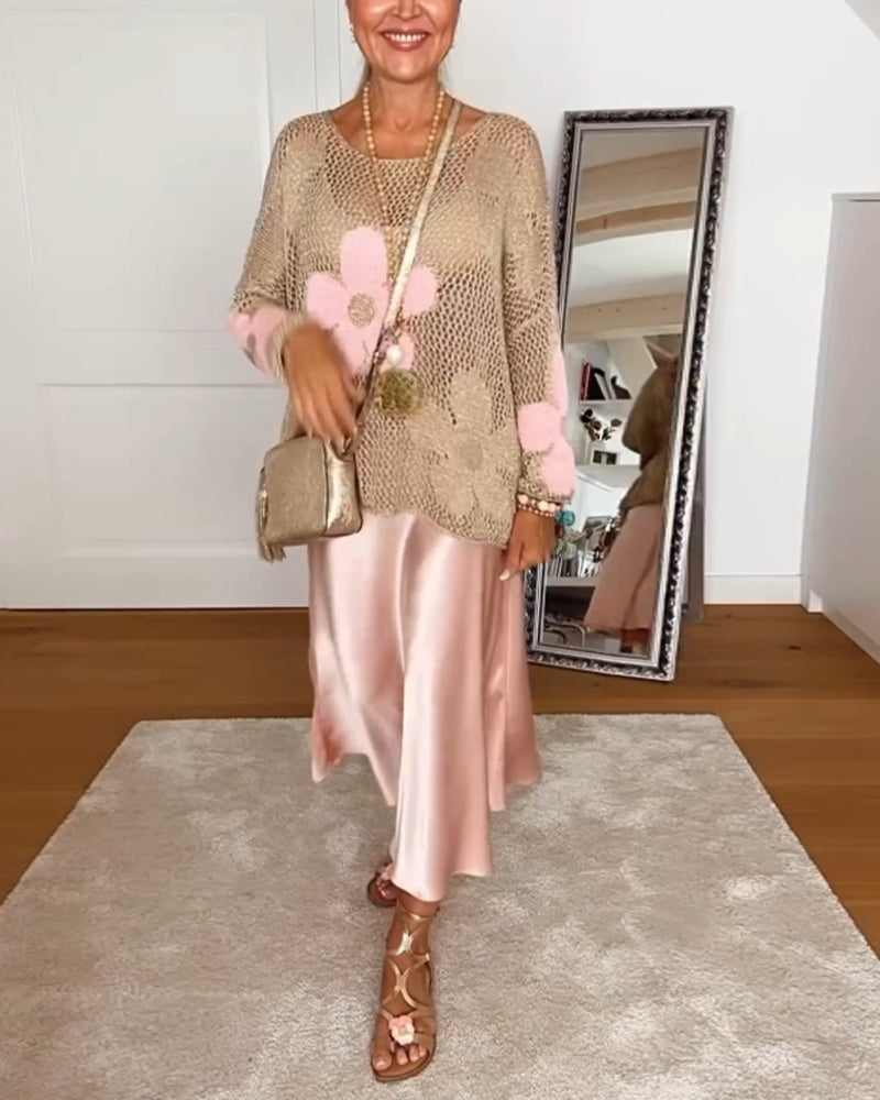 Sweterek z długim rękawem i okrągłym dekoltem w kwiaty