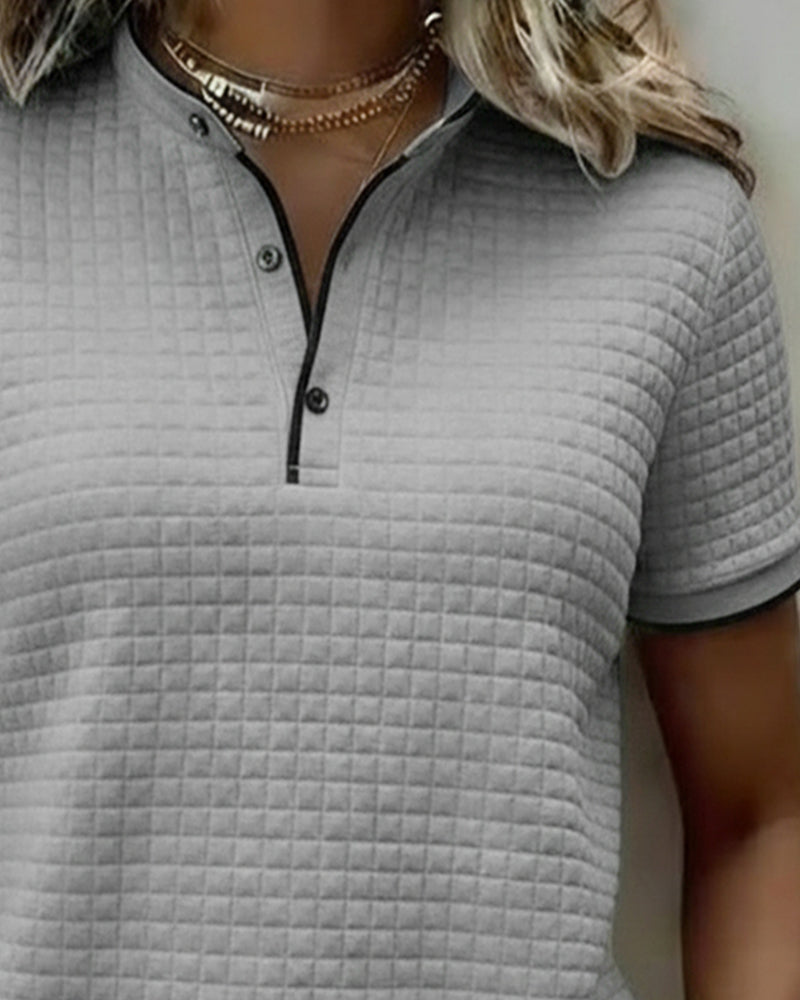 Top Wzór Wafelkowy Zapinany Na Guziki Krótki Rękaw