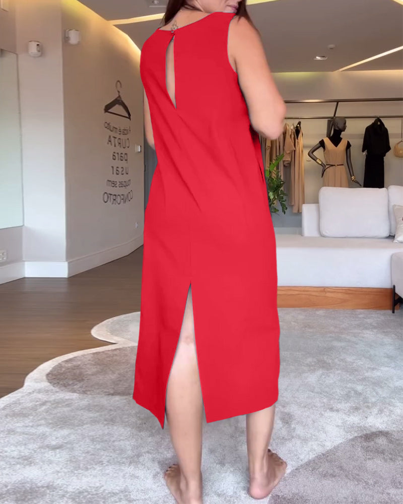 Sukienka casualowa z dekoltem w serek, bez rękawów, jednokolorowa, z rozcięciem