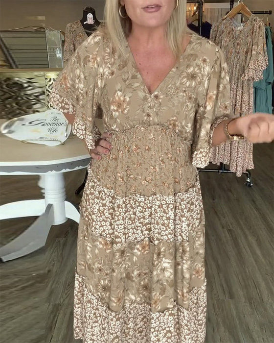 Sukienka Dekolt W Serek Rękaw Lotosowy Kwiatowy