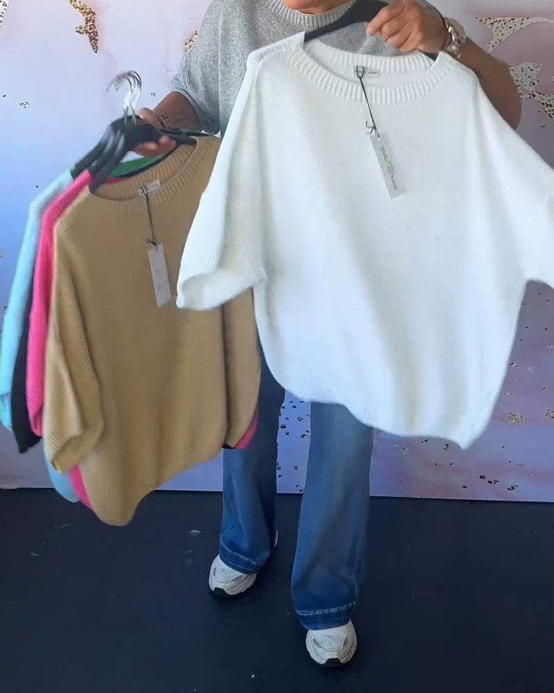 Luźny jednokolorowy swobodny sweter z okrągłym dekoltem