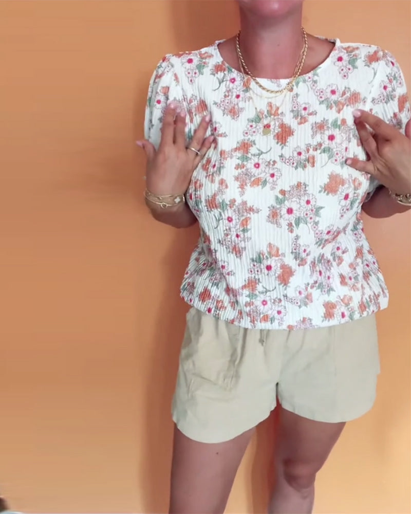 Bluzka Okrągły Dekor Kwiatowy Krótki Rękaw