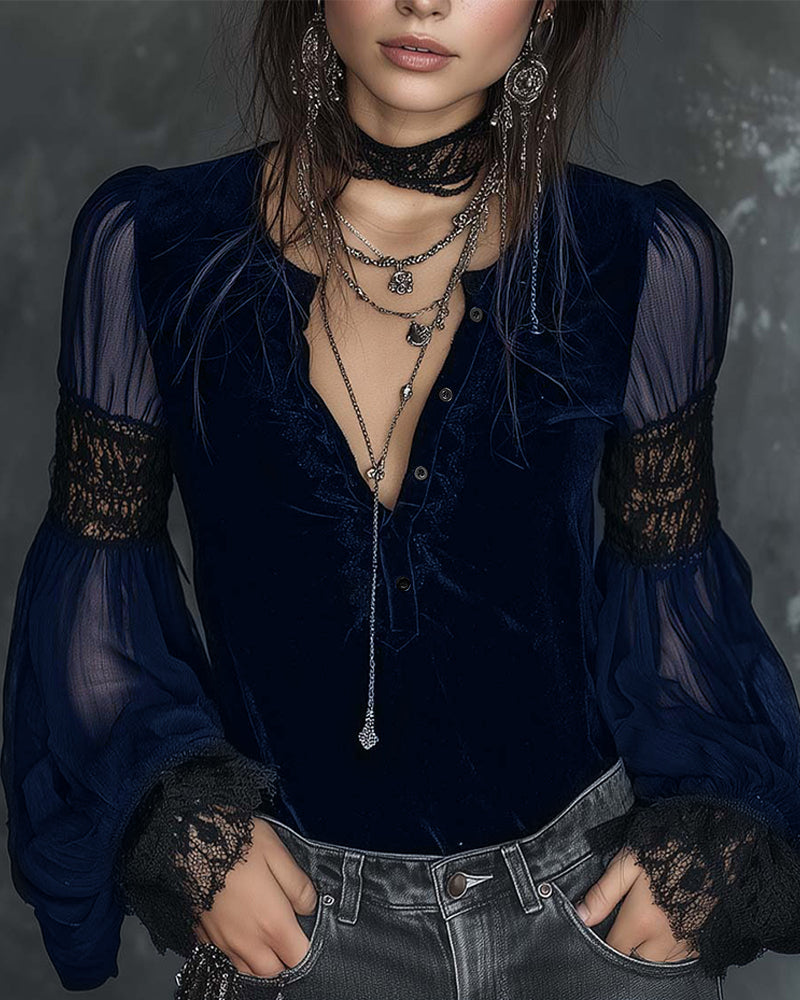 Bluzka Zapięcie V-Dekolt Bufor Rękaw