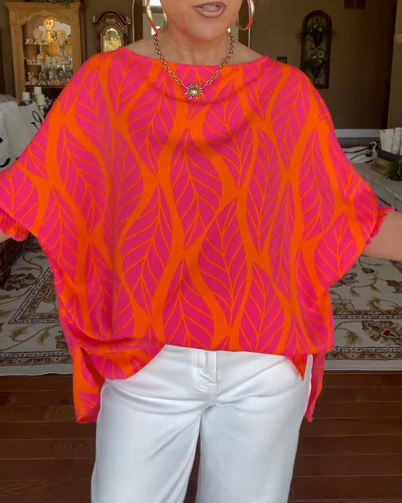 Bluzka Okrągły Dekolt Luźna Z Nadrukiem