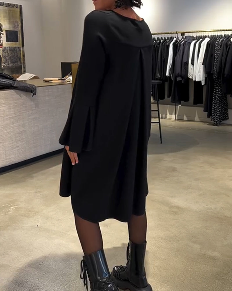 Sukienka Jednokolorowy Rozkloszowany Rękaw Marszczony