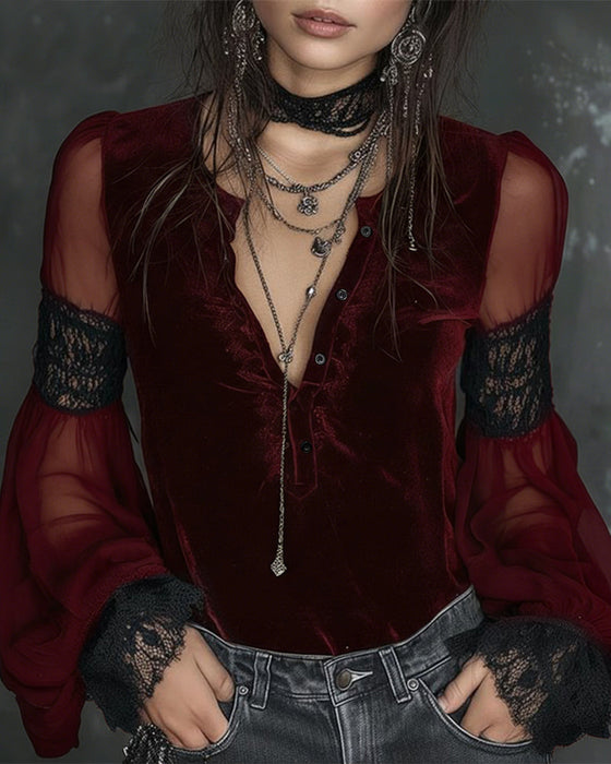 Bluzka Zapięcie V-Dekolt Bufor Rękaw