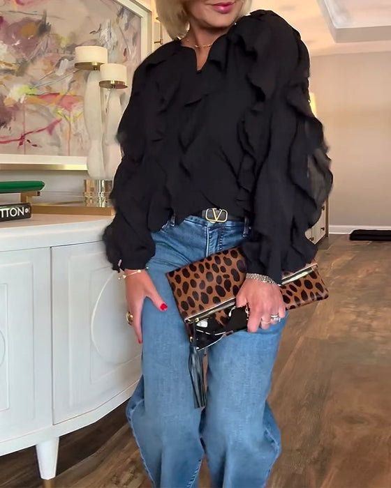 Falbaniasta, Zwiewna Koszula W Jednolitym Kolorze