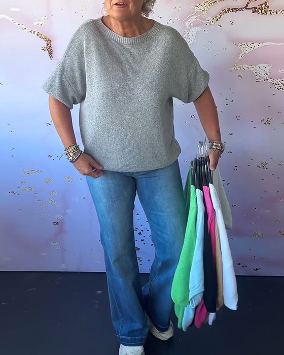 Luźny jednokolorowy swobodny sweter z okrągłym dekoltem