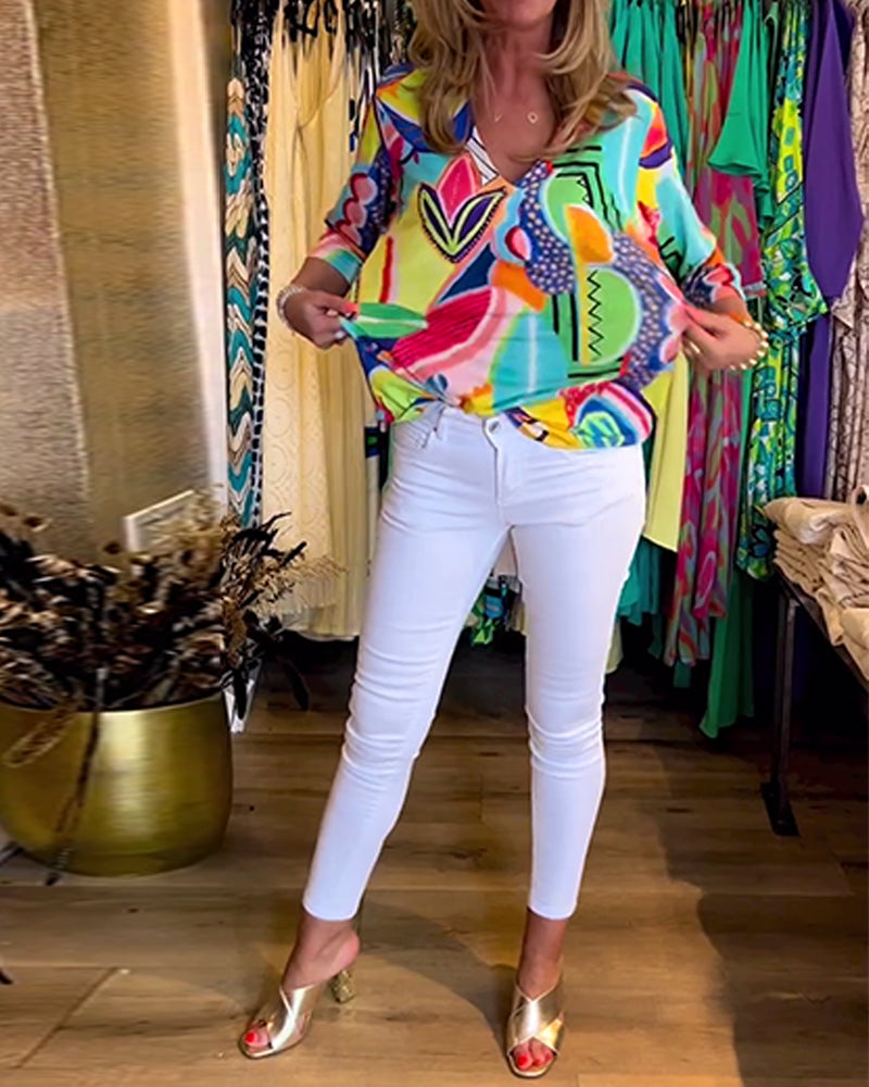 Luźna bluzka z nadrukiem z długim rękawem