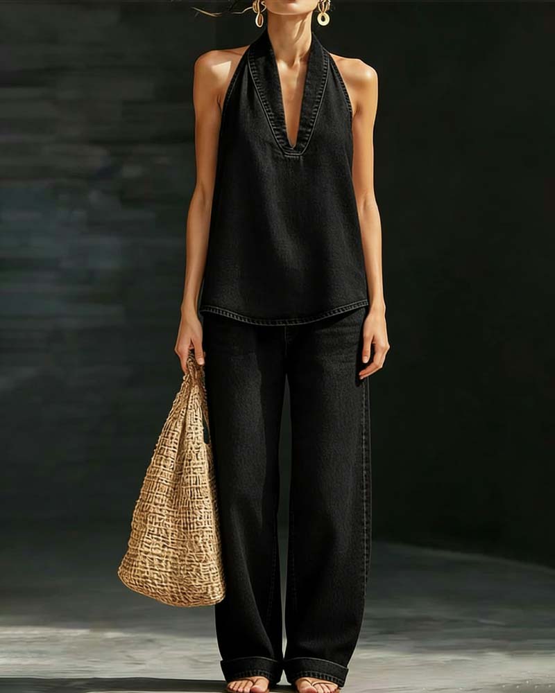 Set Moda Halter Szyja Denim