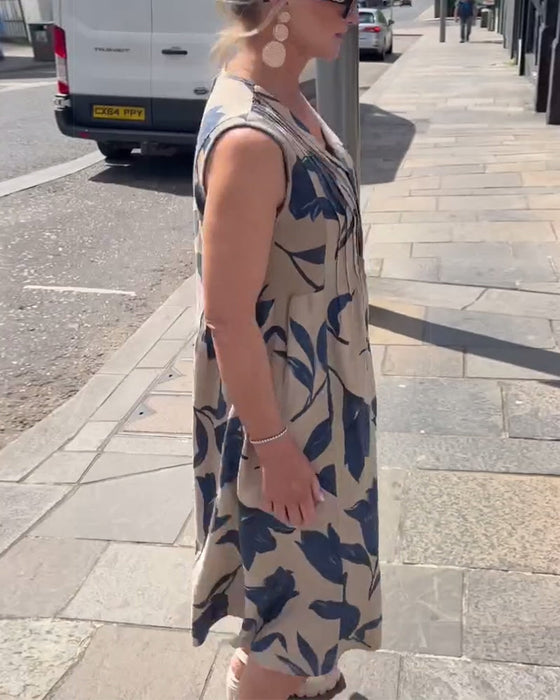 Sukienka Dekolt W Serek Bez Rękawów Drukowana