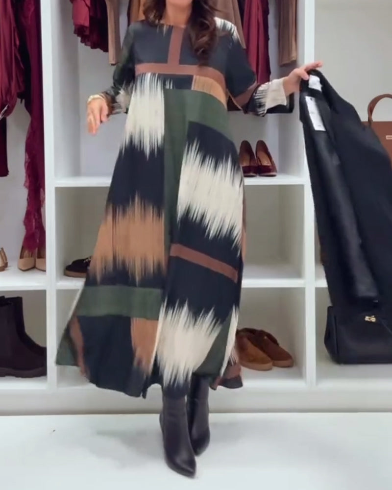 Modna Drukowana Sukienka Z Okrągłym Dekoltem I Długimi Rękawami