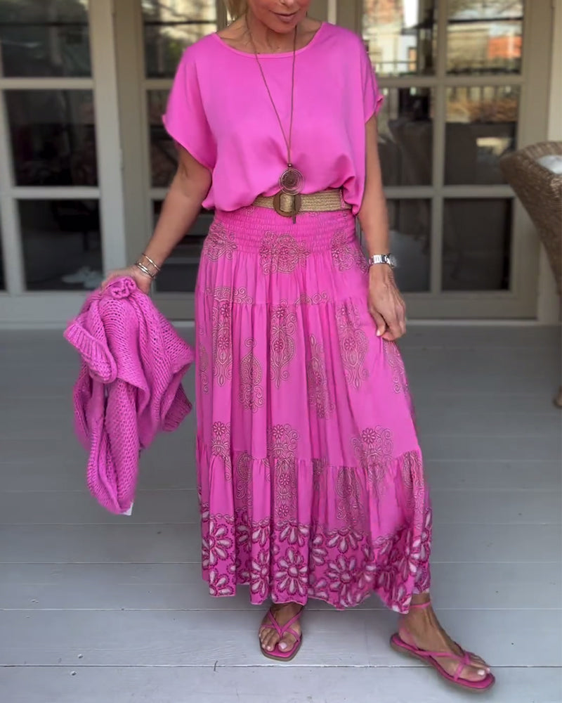 Luźna koszulka w jednolitym kolorze z okrągłym dekoltem