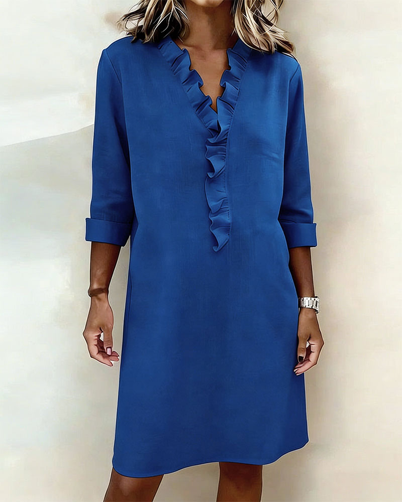 Sukienka Plisowany Dekolt W Serek Jednokolorowa