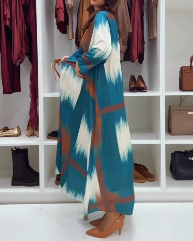 Modna Drukowana Sukienka Z Okrągłym Dekoltem I Długimi Rękawami