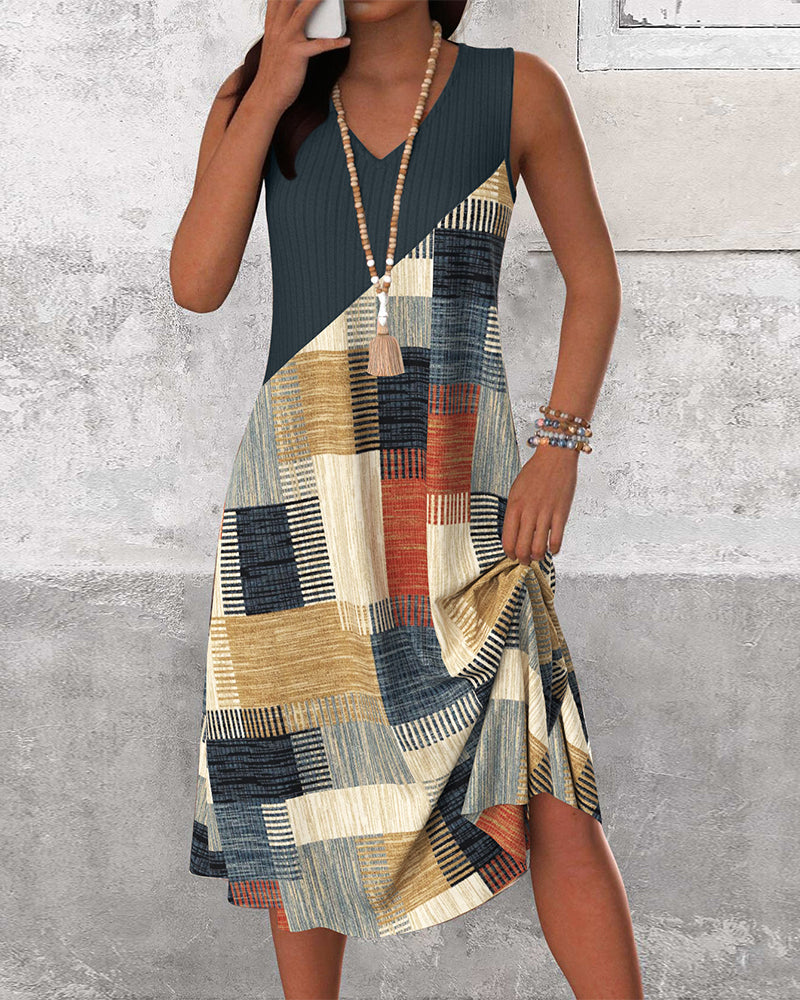 Sukienka Bez Rękawów Dekolt w Serek Kontrastowa