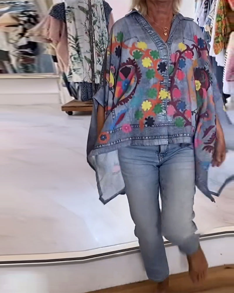 Bluzka Nieregularny Print Fałszywy Dżins