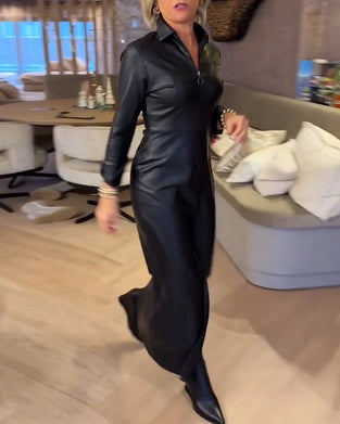 Sukienka Klapa Zamek Błyskawiczny Pu Modna