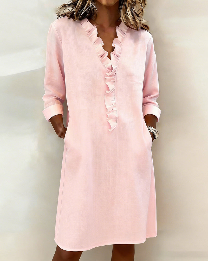 Sukienka Plisowany Dekolt W Serek Jednokolorowa