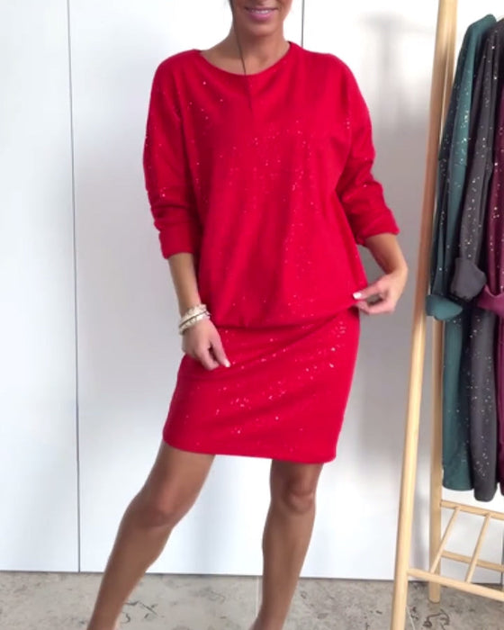 Sukienka Okrągły Dekolt Drobny Brokat Modna