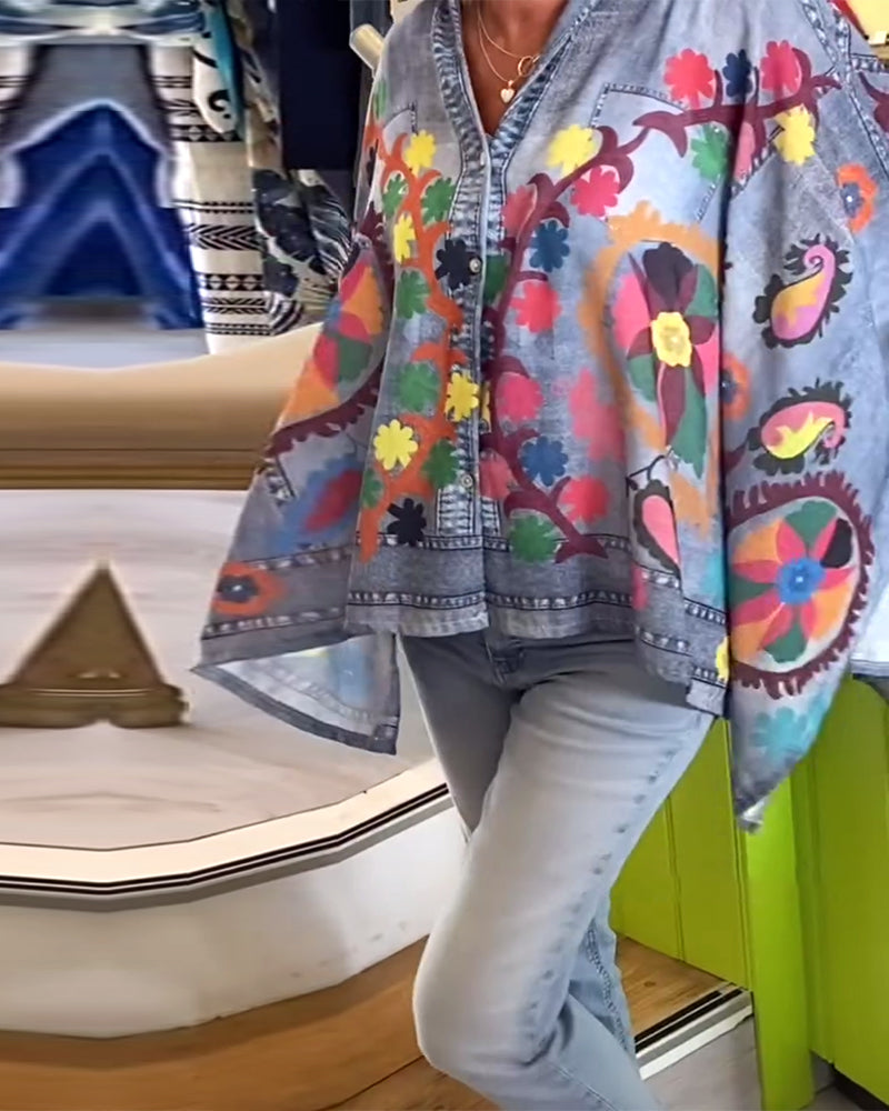 Bluzka Nieregularny Print Fałszywy Dżins