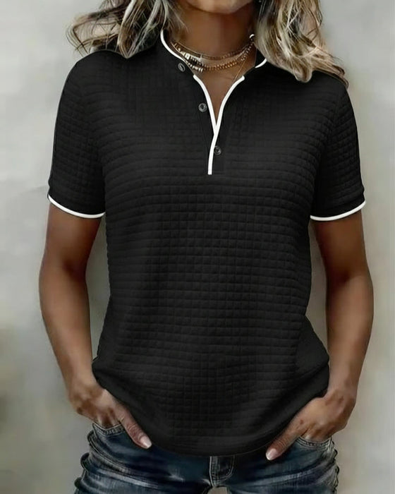 Top Wzór Wafelkowy Zapinany Na Guziki Krótki Rękaw