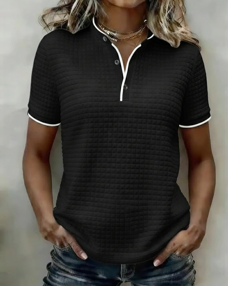 Top Wzór Wafelkowy Zapinany Na Guziki Krótki Rękaw