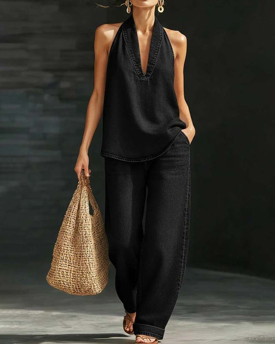 Set Moda Halter Szyja Denim