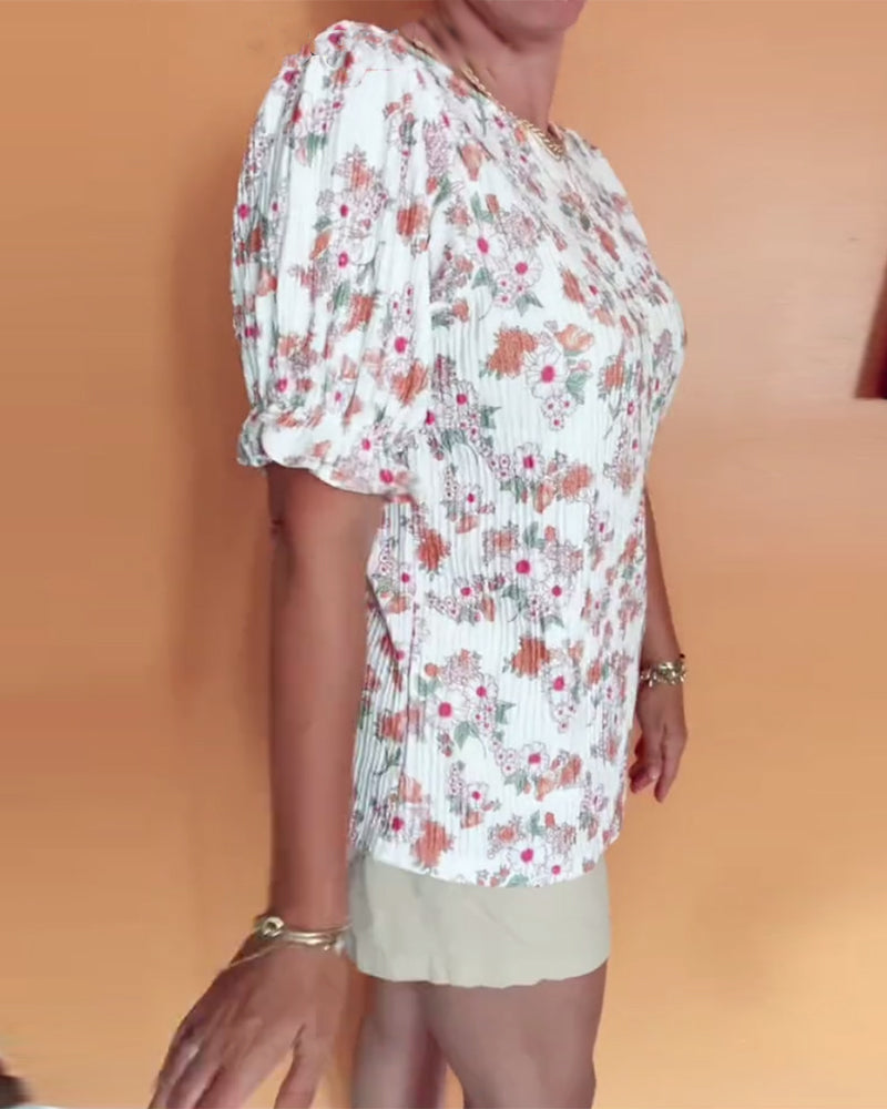 Bluzka Okrągły Dekor Kwiatowy Krótki Rękaw