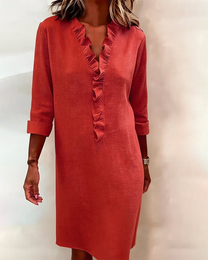 Sukienka Plisowany Dekolt W Serek Jednokolorowa