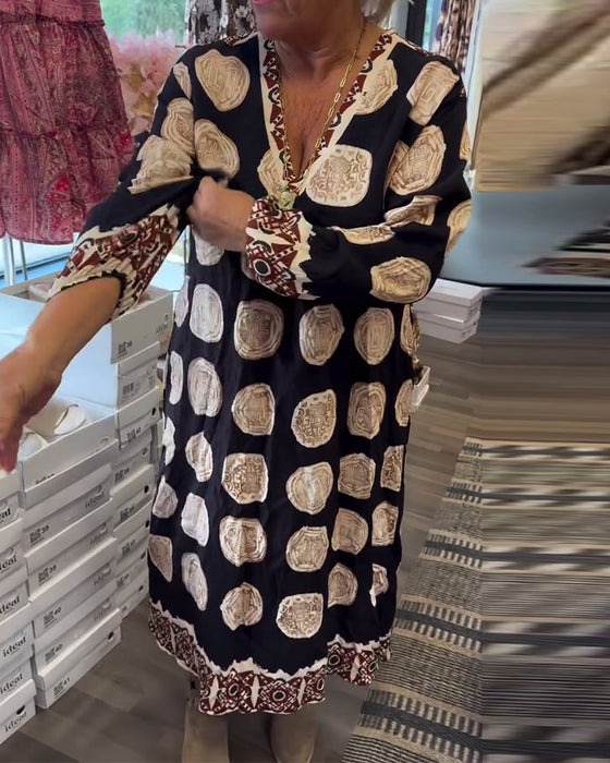 Sukienka Długi Rękaw Dekolt V Drukowany